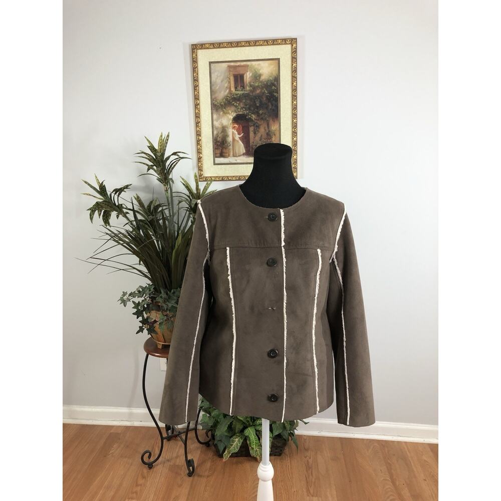 J.Jill Women Faux Suede Jacket Coat S Long Sleeve Pocket Sherpa‎ Lined Light Bro